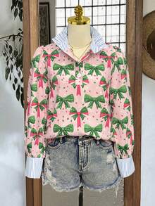 Chemise de Noël, automne/hiver élégante et confortable. Caractéristiques : imprimé d'un nœud de Noël vert avec un ajustement décontracté et confortable. Le col et les poignets présentent des panneaux en tissu rayé. Décolleté en V avec boutons pour un devant à moitié ouvert. Manches longues. Chemise ample. - Rose bonbon - Voir 2