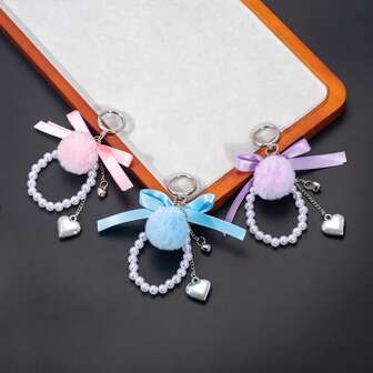 1 pieza Llavero con colgante de lazo, cinta y cuentas, decoración única con cadena en forma de corazón, adecuado como accesorio de bolso, adorno de coche, ideas de regalo para maestra, amiga, hermana