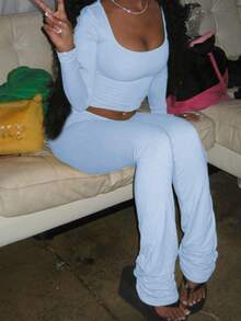 Onicee 女士夏季两件套，蓝色方领褶皱长袖上衣和休闲裤，适合情人节、约会、聚会、派对、旅行、度假、海滩等场合。 - 藍色 - 查看 9