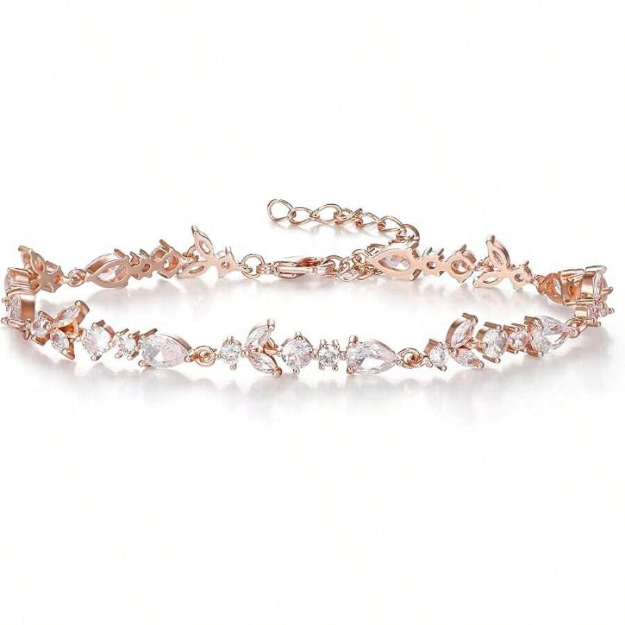 Crysdue Wedding Bridal Link Bracelet Brides Bridesmaids, Marquise Cubic Zirconia Tennis Bracelets Women Prom Jewelry - 02_玫瑰金 7.5-9.1英寸 - 查看 1