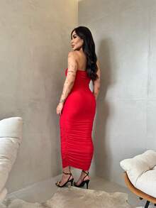 Red Strapless Midi Dress With Suplex Cup, Ruched Sides, Wrinkled, Strapless, Elegant, Sensual, Tight Fit - Red - View 2