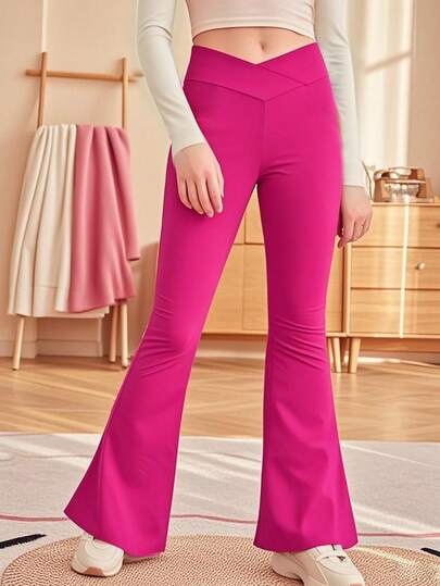 Girls' High Waist Criss-Cross Knit Flare Pants, Children's New Autumn Yoga Leggings, Flared Long Pants, Outdoor Sports Trousers