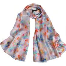 100% Mulberry Silk Scarf For Women Lightweight Long Scarves Beach Wraps Cover Up -Travel Photography Scarfhalloween - 藍色粉紅色蝴蝶 - 查看 12