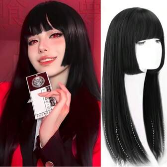 Parrucca nera dritta ed elegante con frangia, in fibra resistente ad alte temperature, con cuffia a rete rosa, capelli sintetici per donne, cosplay e uso quotidiano