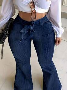 春夏女装加大码纯色系带弹力喇叭牛仔裤，适合日常休闲穿着 - 藍色 - 查看 5