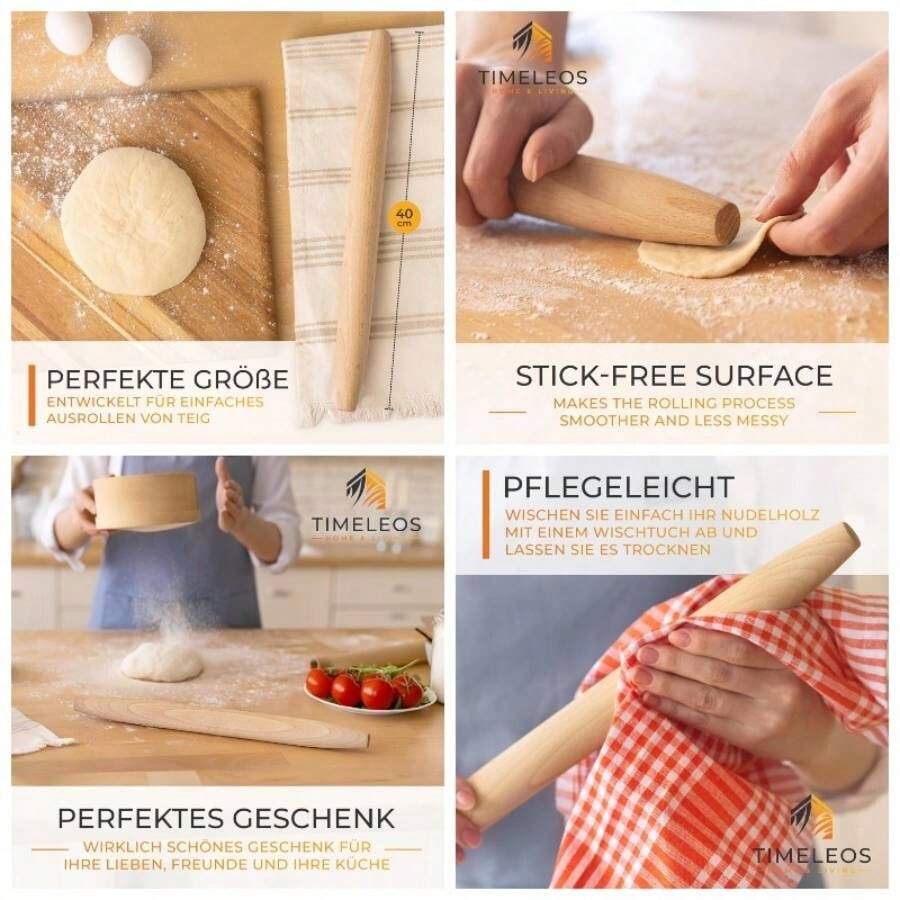 Rodillo de madera de haya para hornear, rodillo francs para hornear, madera corrugada como accesorio para hornear, rollo de madera de haya para enrollar la masa, estable y duradero haya, 1 - 1x Rodillo francés + Madera de haya - Ver 1