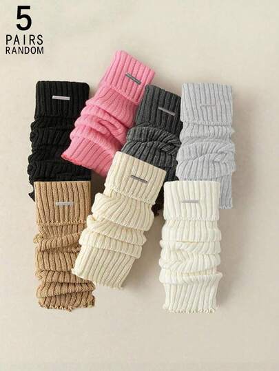 5 pares de calentadores de piernas de mujer con rayas verticales de unicolor, de moda simple y versátil, para otoño/invierno