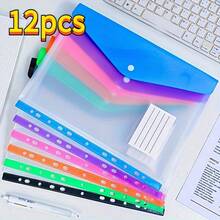 12 Piezas de Bolsas de Archivo Sueltas Tamaño A4, Bolsillos de Plástico Transparente de Alta Capacidad con Cierre de Botón, Organizador de Documentos Multicolor para Oficina, Escuela y Hogar - Ideal para Almacenamiento de Papel y Papelería