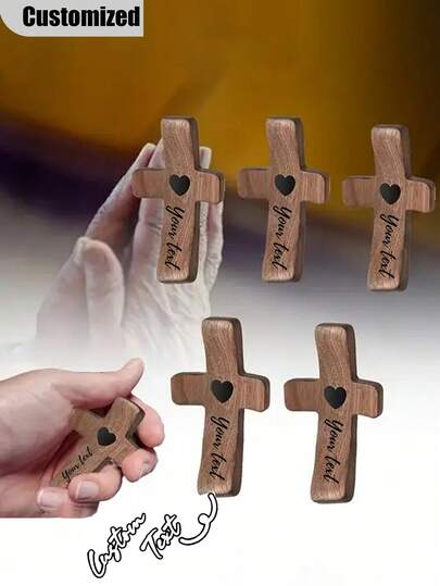 1pc Customized Wooden Heart Cross With Name Or Text,Personalization Wooden Cross Handheld Pocket Cross With Fingertip Stress Relief Religious Gifts For Christians Prayer Church Gift Birthday Graduation Reusable,Exquisite,Stylish,High-Quality,Colorful,Modern,Custom,Personalized,Unique,Customized Festival Party Supplies