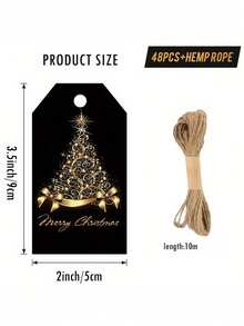 48pcs Christmas Gift Tags With Twine - Luxury Gold Christmas Tree Design, Black And Gold Premium Paper Wrapping Stickers, Holiday Decorations, Card Making - Elegant Holiday Tags For High-End Fine Gifts And Crafts, Vintage Style - Black - View 4