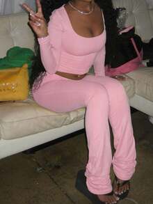 Bộ đồ hè 2 mảnh dành cho nữ của Onicee, màu hồng, thích hợp cho ngày Valentine, gồm áo tay dài cổ vuông nhún bèo và quần dài thoải mái, phù hợp cho ngày Valentine, hẹn hò, tụ họp, tiệc tùng, du lịch, nghỉ mát, đi biển và nhiều dịp khác. - Hồng - Xem 8