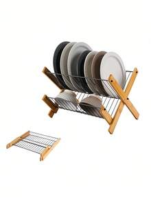Estante plegable de bambú de 2 niveles - Organizador de almacenamiento y secado de cocina multinivel con rejilla desmontable para cubiertos, a prueba de humedad y fácil de montar, diseño moderno y ahorra espacio, estante para tazones de cocina, accesorio de cocina duradero - Decoración navideña