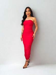 Red Strapless Midi Dress With Suplex Cup, Ruched Sides, Wrinkled, Strapless, Elegant, Sensual, Tight Fit - Red - View 3