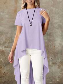 Blusa casual para mujer asimétrica diseño High Low tela lisa holgada cuello redondo manga corta primavera verano ocasiones versátiles blusa larga - Lila Púrpura - Ver 2