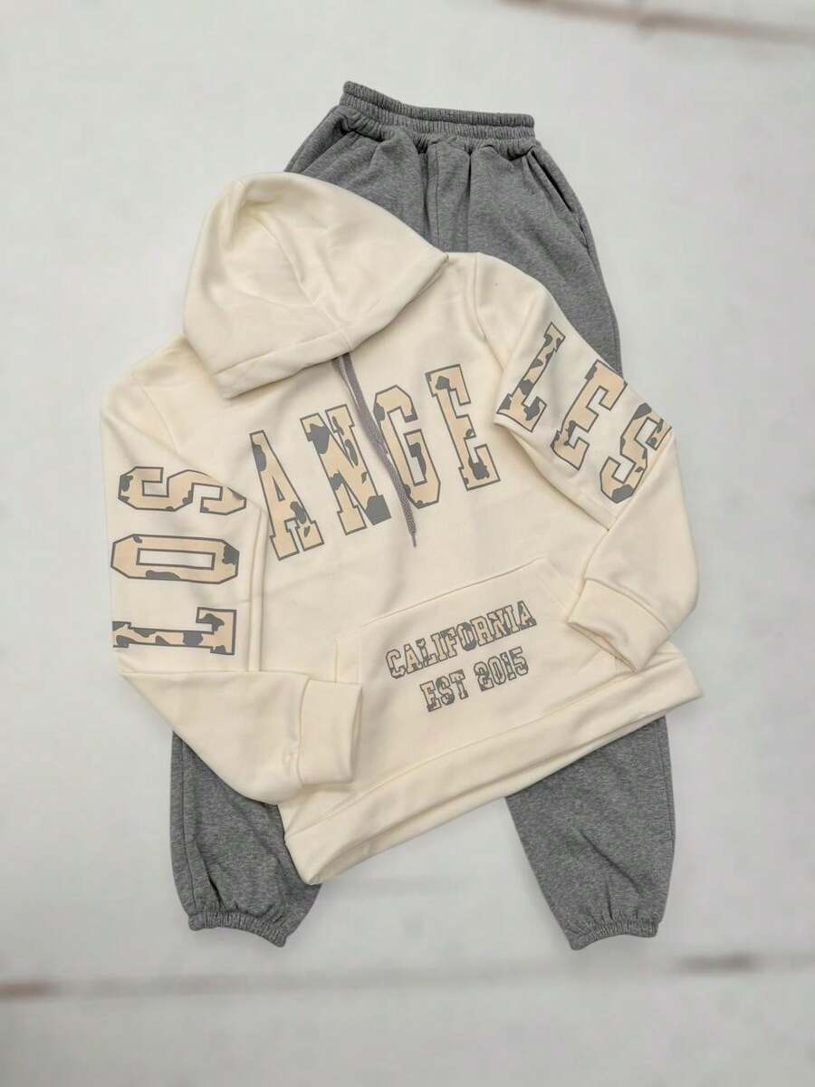 2 pack conjunto Sudadera hoodie con pantalon jogger pants mujer dama bolsillo canguro gorro capucha estampado grafico nombres de ciudades LOS ANGELES estilo americano juevnil moderno casual caliente frío uso diario | buena calidad | Textura Suave - Gris - Ver 1