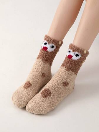 1 Pair Women's Cute Bear & Fruit Animal Series Coral Fleece House Socks