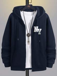 Men's NY Letter Printed Zip-Up Hoodies - Navy Blue - View 1