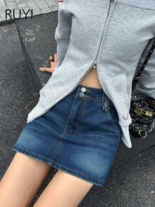 Women's Casual Fashionable Versatile Y2k Style Denim Mini Skirt - Dark Wash - View 2