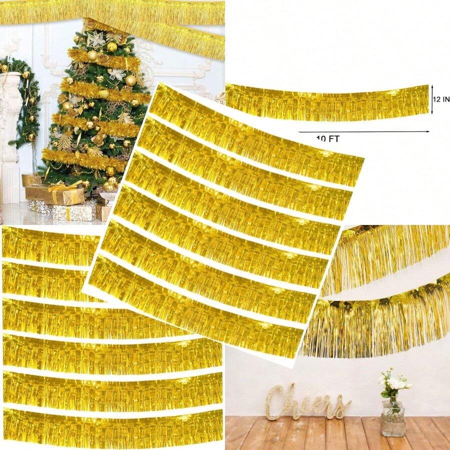 6 Packs 10 Feet Foil Fringe Garland Metallic Foil Tinsel Fringe Garland Wall Hanging Fringe Banner For Parade Floats Wedding Christmas Birthday Party Halloween Decor Gold