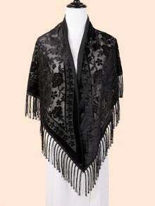 1pc Women's Vintage Velvet Tassel Jacquard Shawl Scarf, Fashion Triangular Scarf For Women Suitable For Dresses, Parties, Dancing, Keeping Warm And Slimming In Autumn/Winter