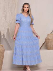 Elegant Women's Dress Simple Embroidery Button Women's All - 雙色藍 - 查看 3