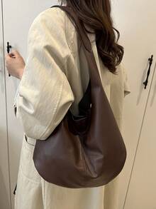 Sac à épaule/cabas en PU de couleur unie pour femmes, grande capacité - Café - Voir 5