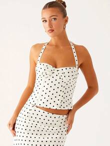 Women's Elegant Two-Piece Dress With Pleated Polka Dot Print On The Chest, Sleeveless Backless Lace Up Top And Long Skirt, Suitable For Dates, Parties, Clubs, And Outings - 白色 - 查看 4