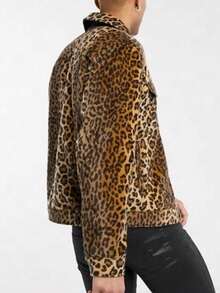 Men Denim Long Sleeve Jacket, Vintage Leopard Print Casual Loose Streetwear Jacket, High-End Workwear Jacket, Fall - Brown - View 2