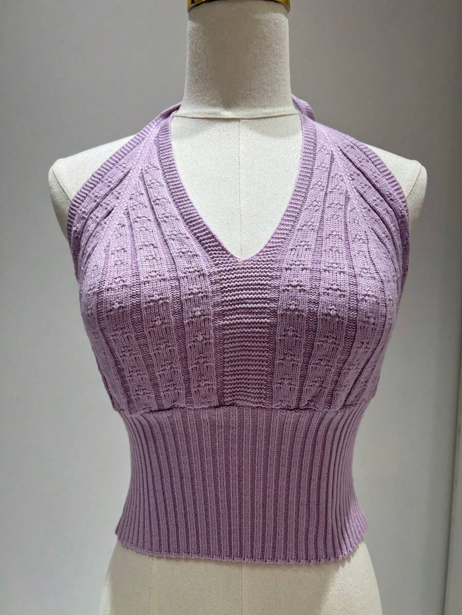 Simple, Knitted, Cable Knit, Backless, Beach, Tie-Up Crop Top - Lilac - View 1