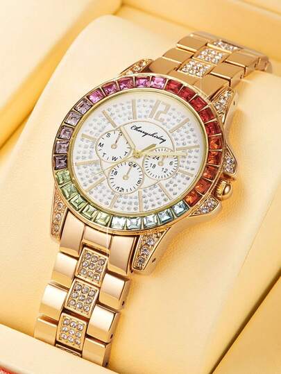 1pc Ladies Watch Gold Watch Ladies Business Steel Strap Quartz Watch Rhinestone Three Eyes Watch