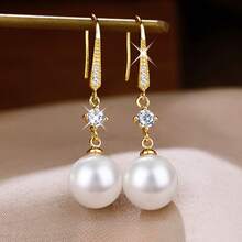 1 Pair Of Imitation Pearl Earrings For Women, New  Fashionable Versatile Earrings, Face Slimming Gold Earrings, Ear Hooks - 銀色+白色 - 查看 3