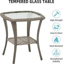 Juego de 3 Piezas para Patio, Bistró de Mimbre Exterior con 2 Sillas Mecedoras Giratorias y Mesa de Vidrio Templado, Muebles Modernos para Jardín, Terraza y Balcón – Outdoor Living - Multicolor - Ver 4