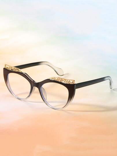 1 Pair Colorful Large Frame Cat Eye Metal Decor Fashion Women's Non-Prescription Glasses
