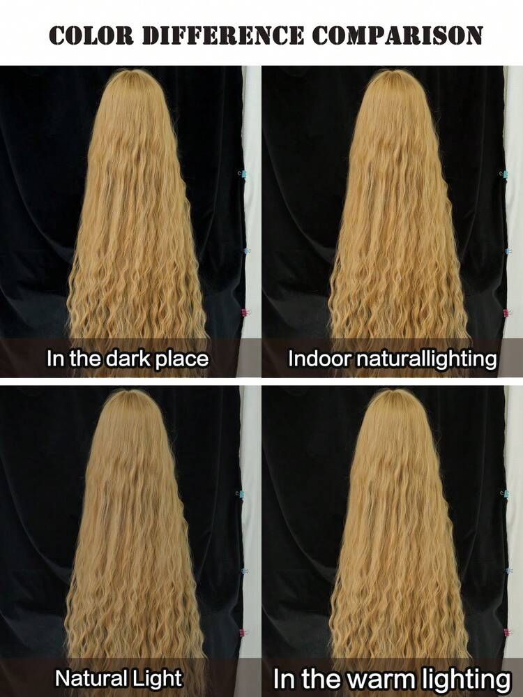 7JHH WIGS Peruca de Cosplay Loira com Franja, 44 Polegadas Extra Longa, Cabelo Loiro Encaracolado Solto Estilo Lolita, Peruca Sintética Macia Resistente ao Calor para Mulheres e Meninas, Uso em Festa, Casamento, Rapunzel - Linho Dourado - Visão 8