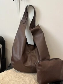 Sac à épaule/cabas en PU de couleur unie pour femmes, grande capacité - Café - Voir 8