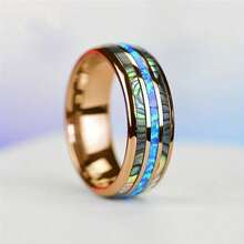 1pc Fashion 8mm Rose Gold Color Men Stainless Steel Wedding Rings Inlay Abalone Shell And Blue Opal Rings For Men Wedding Band Jewelry - Multicolor - View 12