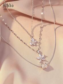 Hihho 3pcs/Set Fashionable Minimalist Flower, Butterfly, Waist Decor Multi-Layer Necklace Set, Suitable For Dates, Parties, Vacations, Daily Wear, Holiday Gifts, Christmas Presents - Silver - View 2