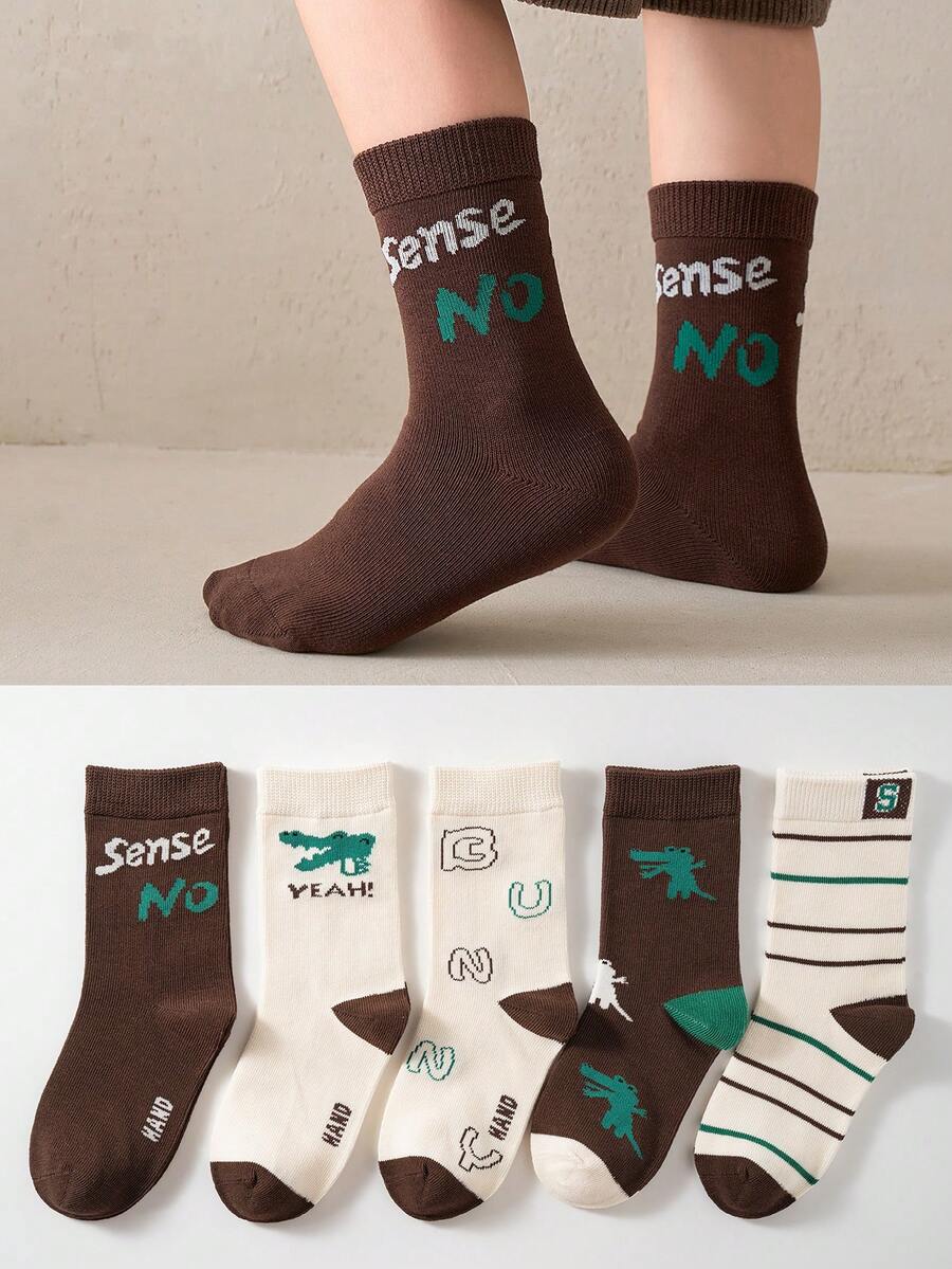 5 Pairs Kids' Cartoon Dinosaur Pattern Sports Socks, Versatile Mid-Calf Socks For Everyday Wear, Autumn/Winter