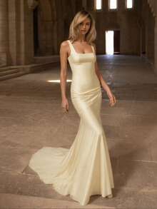 Basrey 女士优雅纯色单排领露背束腰系带网纱拼接晚礼服鱼尾长裙伴娘礼服，适合参加婚礼、担任伴娘、派对、情人节等场合。 - 米黃色 - 查看 6