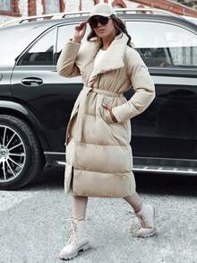 Long Women's Quilted Winter Coat With Belt, Elegant High Collar Warm Jacket, Stylish Premium Winter Parka, Fashionable Winter Coat, Comfortable Women's Coat For Everyday And Occasional Wear - Beige - View 2