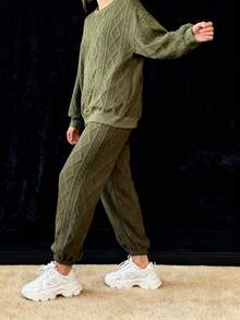 Diamond Pattern Knitted Top And Trousers Set Round Neck Sweatshirt + Cuffed Trousers Two-Piece Set - 軍綠色 - 查看 4