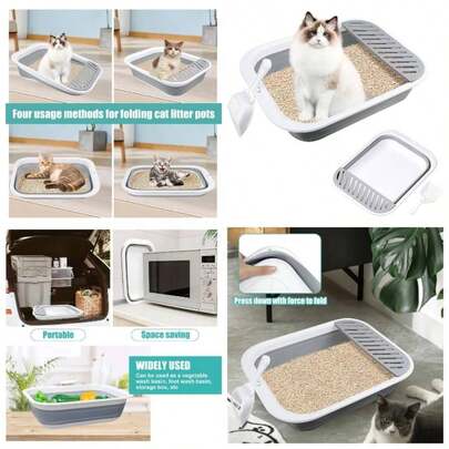 Caja de para gatos para viajes, 18x 14 pulgadas, color gris, pequea para bandeja de abierta, plegable, impermeable, fcil de limpiar y montar, caja de porttil con cuchara