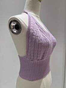 Simple, Knitted, Cable Knit, Backless, Beach, Tie-Up Crop Top - Lilac - View 2