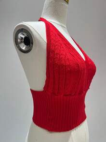 Simple, Knitted, Cable Knit, Backless, Beach, Tie-Up Crop Top - Red - View 2