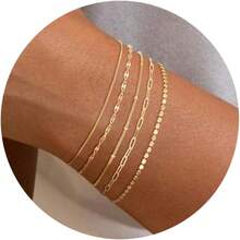 MBW Gold Bracelets Women, Dainty 14K Gold Plated Bracelet Stack Beaded Chain Bracelet Set Thin Small Cute Paperclip Bracelets Fashion Waterproof Jewelry Gold Accessories Women - 風格8 - 查看 8