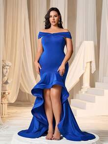 女士加大码露肩不对称下摆美人鱼晚礼服，修身剪裁，适合出席黑领结晚宴、婚礼招待会、红毯活动、歌剧之夜、慈善舞会等场合。 - 寶藍色 - 查看 1