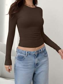 Women's Casual Slim Fit Round Neck Long Sleeve T-Shirt - Coffee Brown - View 3