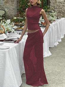 Women's Solid Color Polka Dot Camisole And Long Skirt 2 Pieces Set, Fitted Sexy Outfit For Birthday Party, Nightclub, Date, Casual Wear Summer Vacation Elegant - Burgundy - View 3