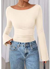 Womens Long Sleeve Shirts 2026 Spring Crop Going Out Tops Casual Boat Neck Sleeve Ribbed Ruched Y2K Clothes - 軍綠色 - 查看 9