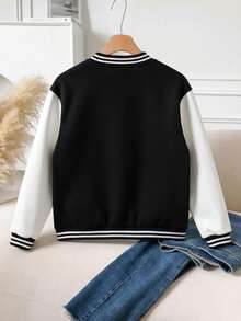1pc Teen Girls' Spring/Autumn/Winter Colorblock Baseball Jacket, Fleece Lined Thickened Letter Print Ribbed Loose Outdoor Sports Casual - Black - View 7